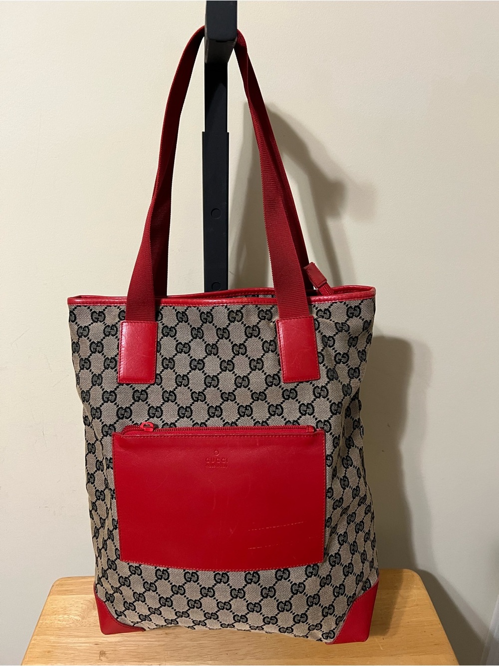 Gucci Beige GG Canvas Tote with Red Leather Accents